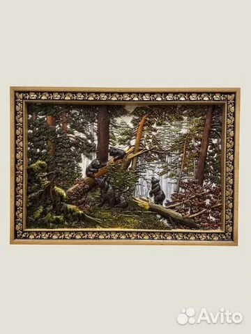 Резное панно «Мишки в лесу» 49×70 см — оригинальный подарок