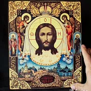 Икона на дереве "Спас с Архангелами" Ручная работа в подарок — фотография 1